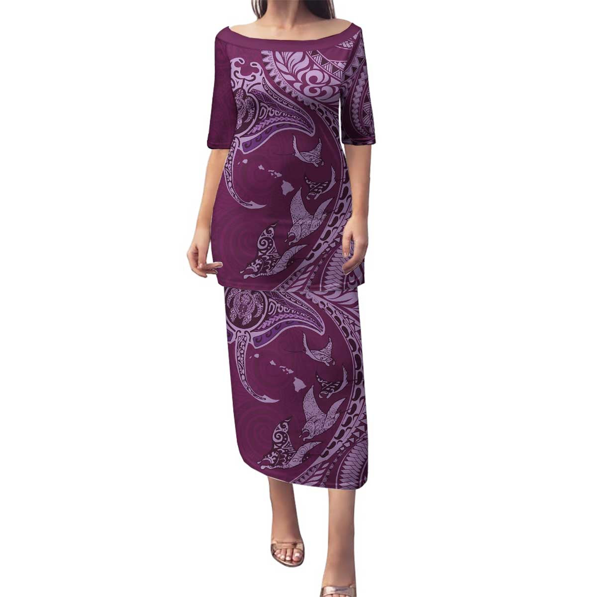 Hawaiian Manta Ray and Polynesian Tribal Tattoo Family Matching Puletasi and Hawaiian Shirt Pink Color LT03 Mom's Dress Pink - Polynesian Pride