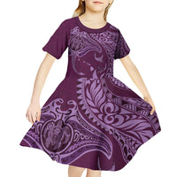 Hawaiian Manta Ray and Polynesian Tribal Tattoo Kid Short Sleeve Dress Pink Color LT03
