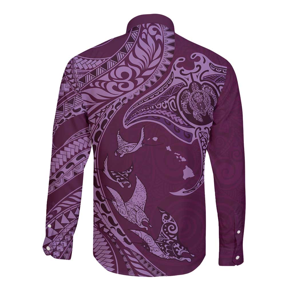 Hawaiian Manta Ray and Polynesian Tribal Tattoo Long Sleeve Button Shirt Pink Color LT03