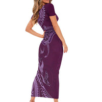Hawaiian Manta Ray and Polynesian Tribal Tattoo Short Sleeve Bodycon Dress Pink Color LT03