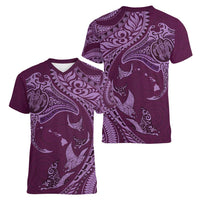 Hawaiian Manta Ray and Polynesian Tribal Tattoo Women V-Neck T-Shirt Pink Color LT03 - Polynesian Pride