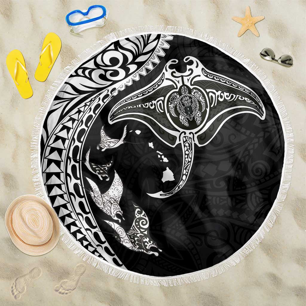 Hawaiian Manta Ray and Polynesian Tribal Tattoo Beach Blanket Black Color LT03