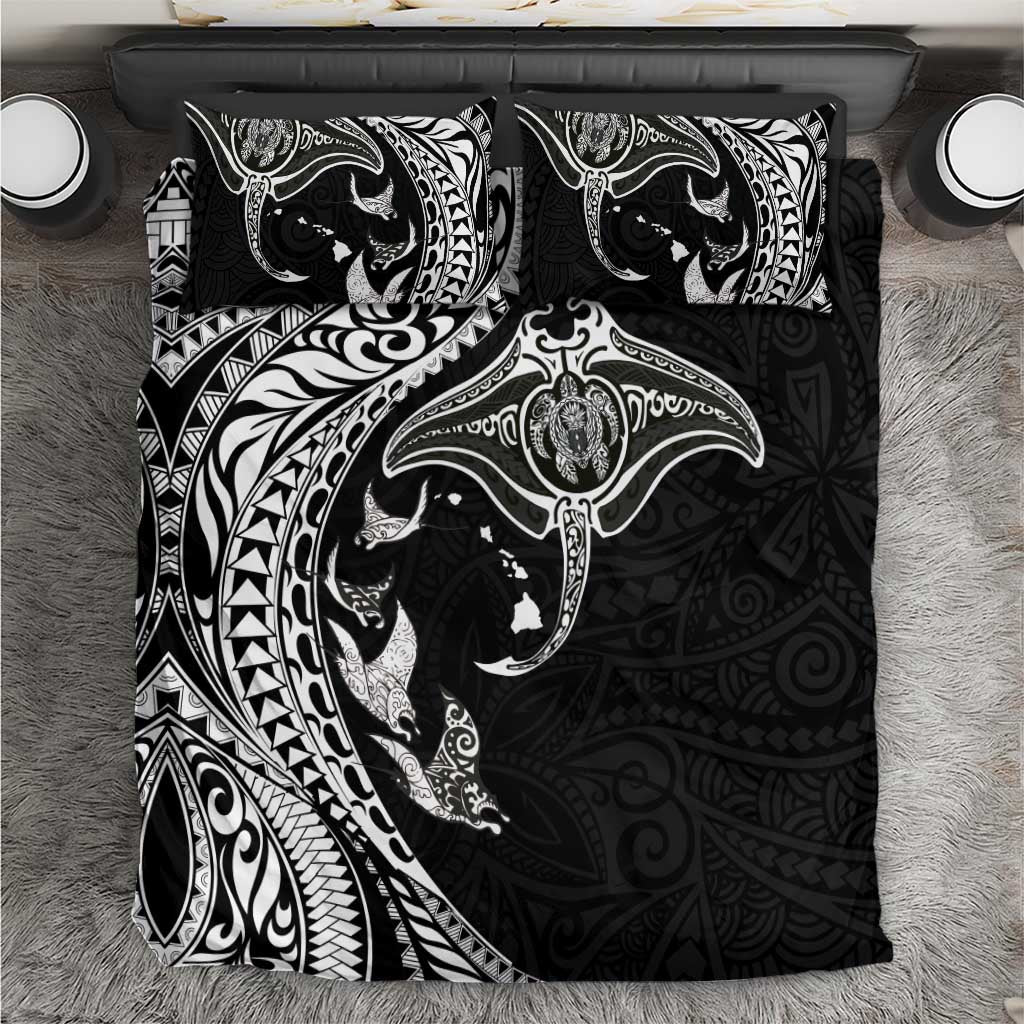 Hawaiian Manta Ray and Polynesian Tribal Tattoo Bedding Set Black Color LT03