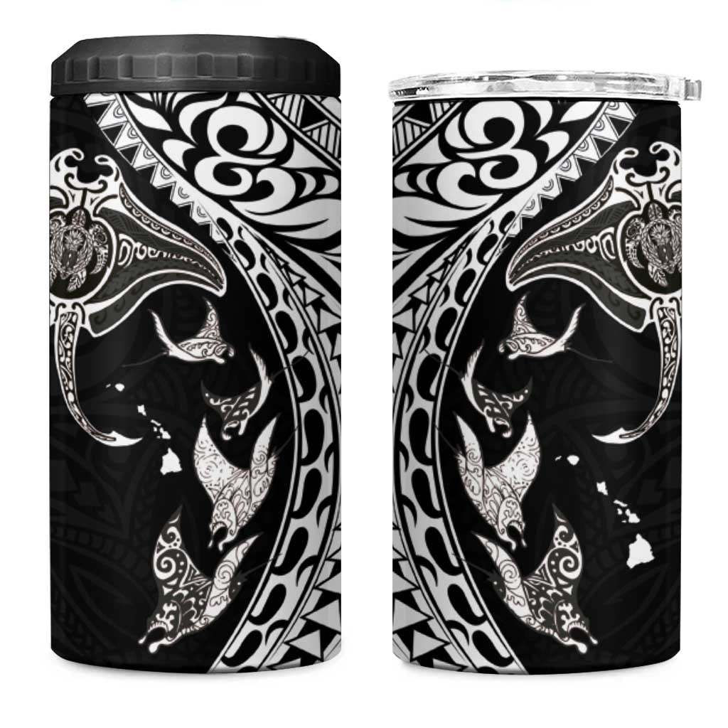 Hawaiian Manta Ray and Polynesian Tribal Tattoo 4 in 1 Can Cooler Tumbler Black Color