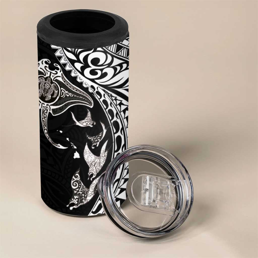 Hawaiian Manta Ray and Polynesian Tribal Tattoo 4 in 1 Can Cooler Tumbler Black Color