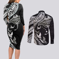 Hawaiian Manta Ray and Polynesian Tribal Tattoo Couples Matching Long Sleeve Bodycon Dress and Long Sleeve Button Shirt Black Color LT03