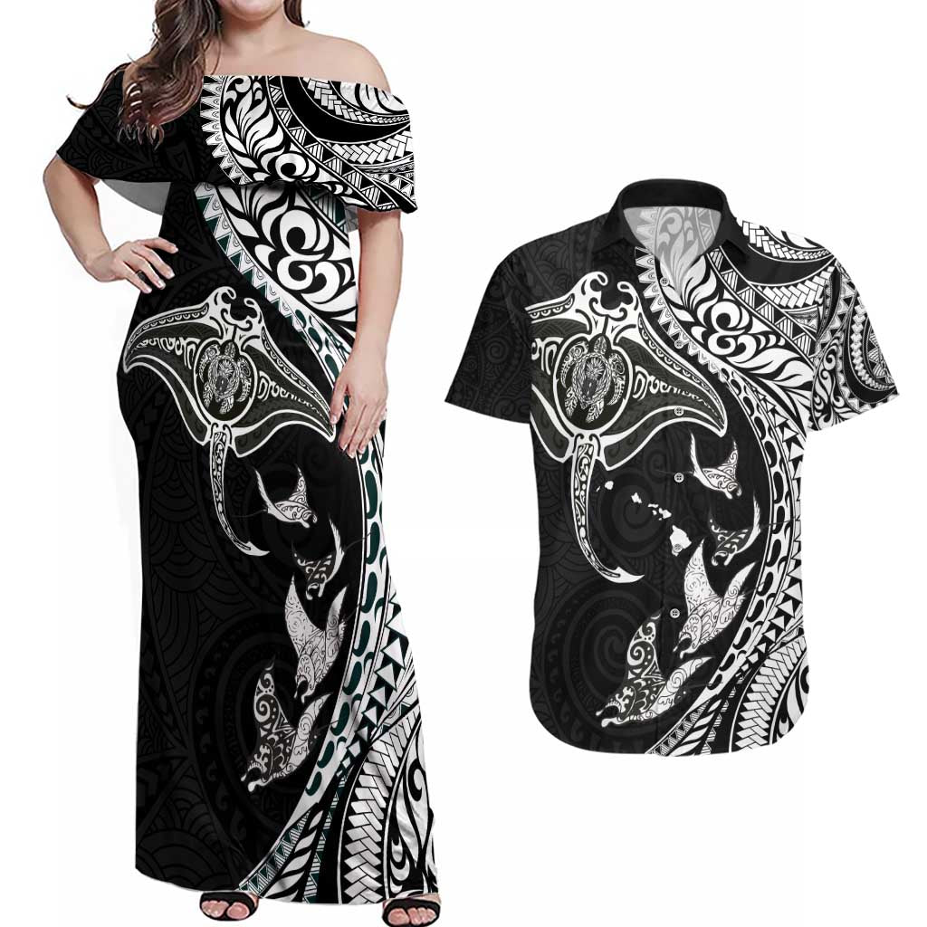 Hawaiian Manta Ray and Polynesian Tribal Tattoo Couples Matching Off Shoulder Maxi Dress and Hawaiian Shirt Black Color LT03