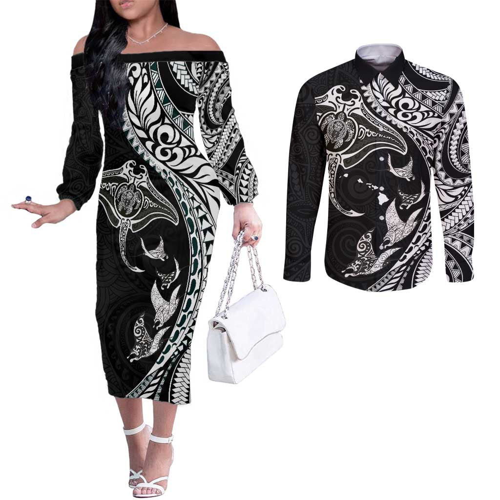 Hawaiian Manta Ray and Polynesian Tribal Tattoo Couples Matching Off The Shoulder Long Sleeve Dress and Long Sleeve Button Shirt Black Color LT03