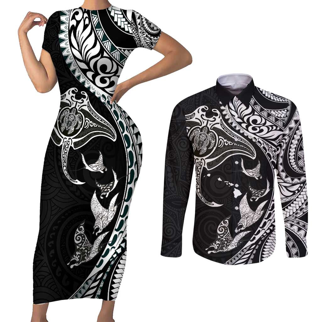 Hawaiian Manta Ray and Polynesian Tribal Tattoo Couples Matching Short Sleeve Bodycon Dress and Long Sleeve Button Shirt Black Color LT03
