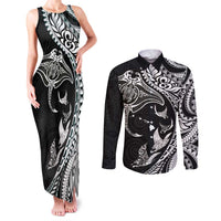 Hawaiian Manta Ray and Polynesian Tribal Tattoo Couples Matching Tank Maxi Dress and Long Sleeve Button Shirt Black Color LT03