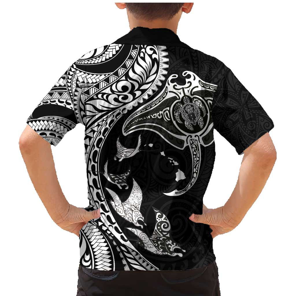 Hawaiian Manta Ray and Polynesian Tribal Tattoo Family Matching Mermaid Dress and Hawaiian Shirt Black Color LT03