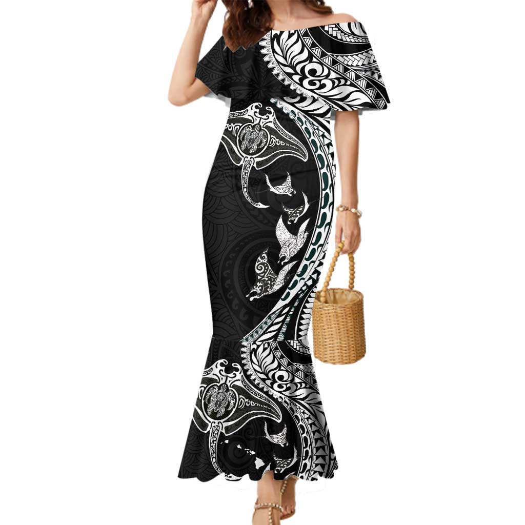 Hawaiian Manta Ray and Polynesian Tribal Tattoo Family Matching Mermaid Dress and Hawaiian Shirt Black Color LT03