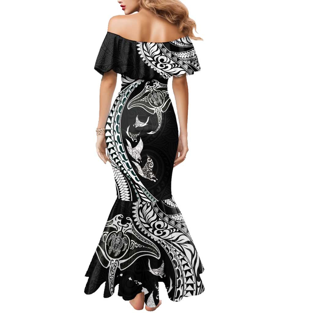 Hawaiian Manta Ray and Polynesian Tribal Tattoo Family Matching Mermaid Dress and Hawaiian Shirt Black Color LT03