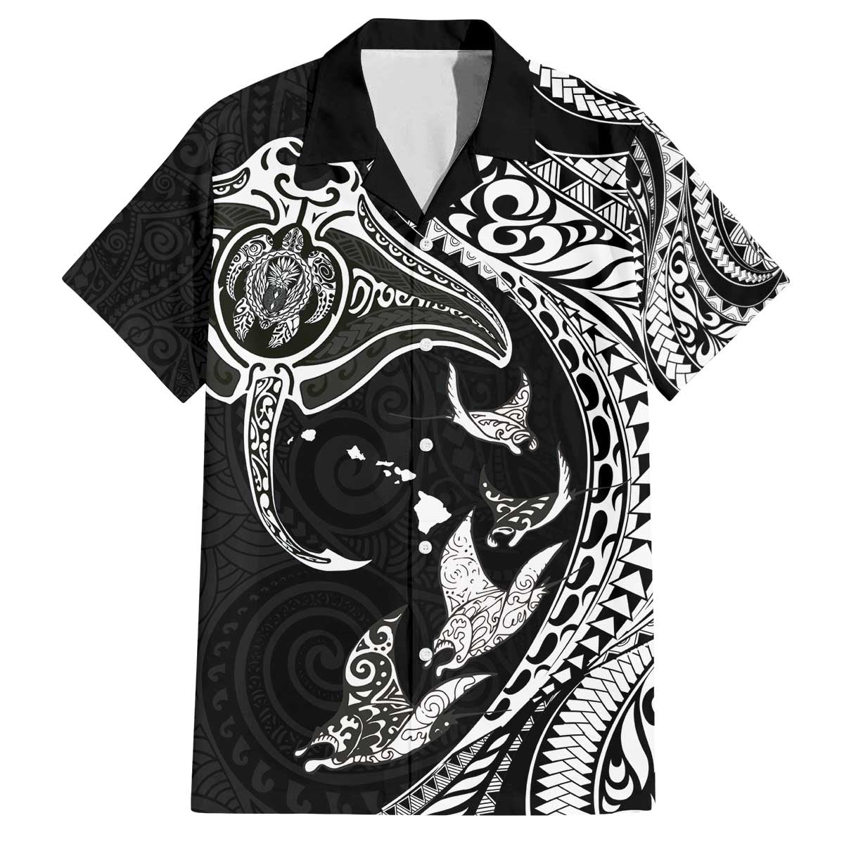 Hawaiian Manta Ray and Polynesian Tribal Tattoo Family Matching Puletasi and Hawaiian Shirt Black Color LT03 Dad's Shirt - Short Sleeve Black - Polynesian Pride