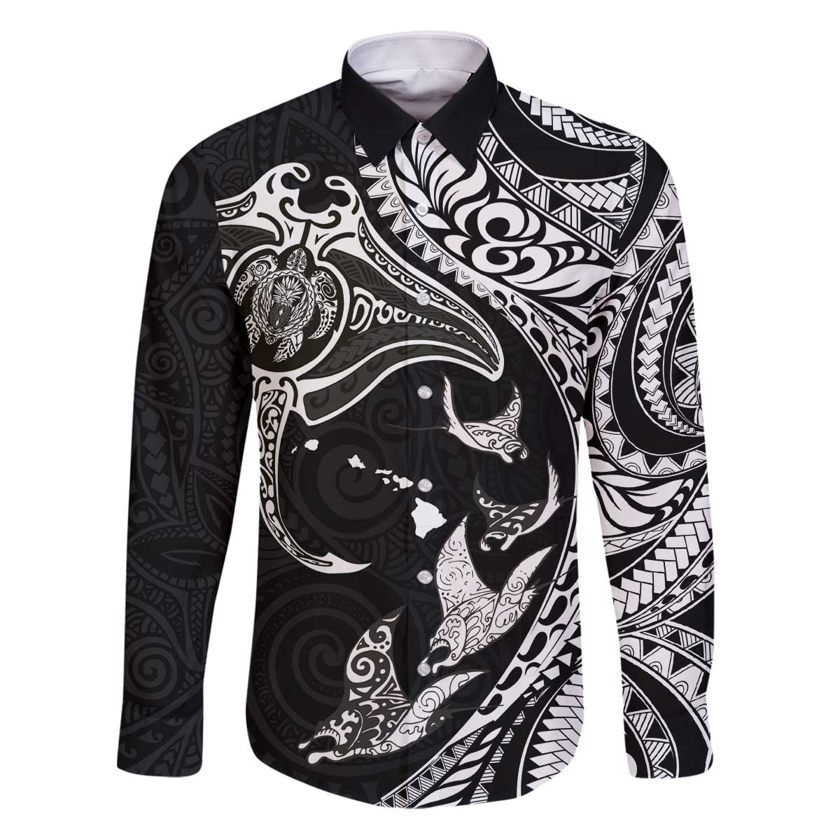 Hawaiian Manta Ray and Polynesian Tribal Tattoo Family Matching Puletasi and Hawaiian Shirt Black Color LT03 Dad's Shirt - Long Sleeve Black - Polynesian Pride