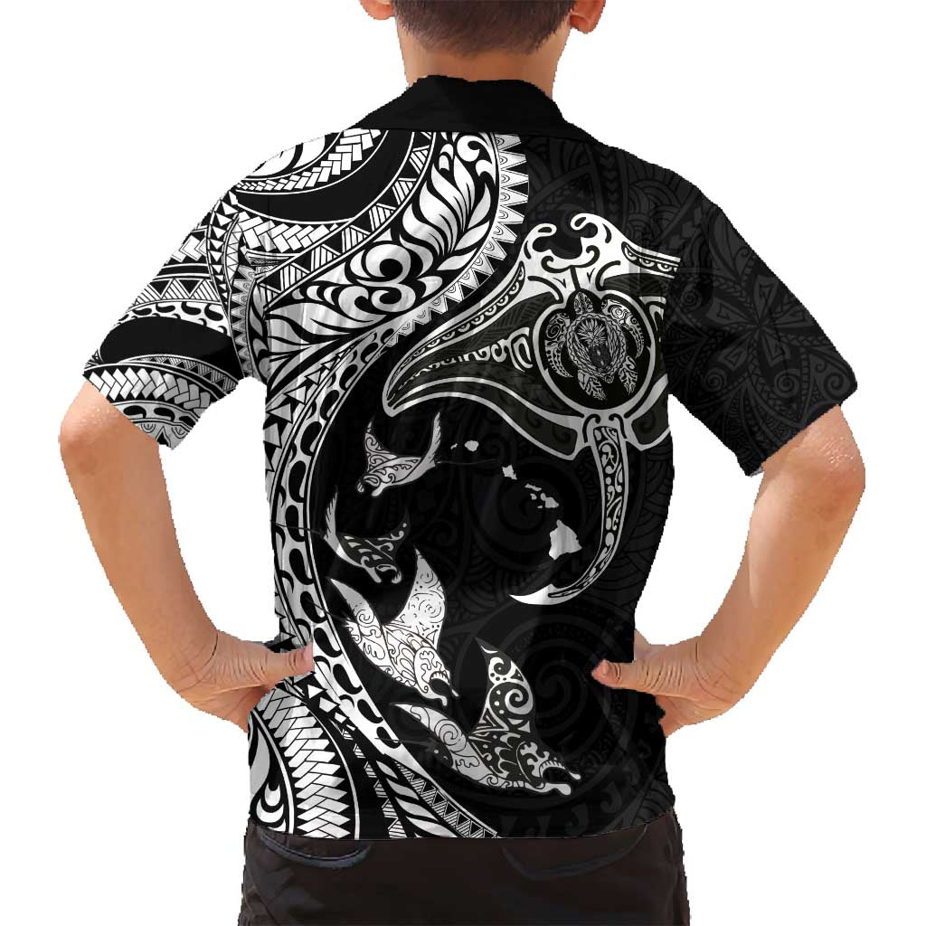 Hawaiian Manta Ray and Polynesian Tribal Tattoo Family Matching Tank Maxi Dress and Hawaiian Shirt Black Color LT03