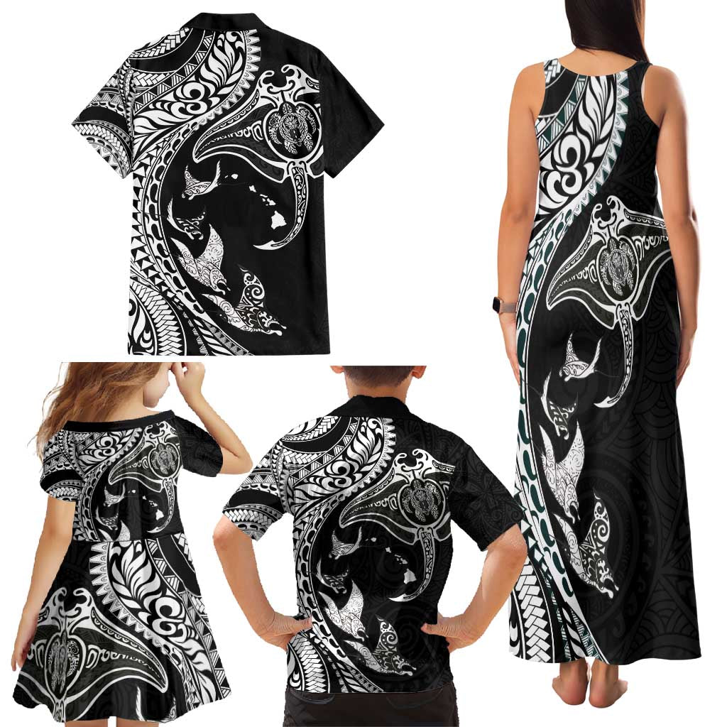 Hawaiian Manta Ray and Polynesian Tribal Tattoo Family Matching Tank Maxi Dress and Hawaiian Shirt Black Color LT03