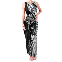 Hawaiian Manta Ray and Polynesian Tribal Tattoo Family Matching Tank Maxi Dress and Hawaiian Shirt Black Color LT03