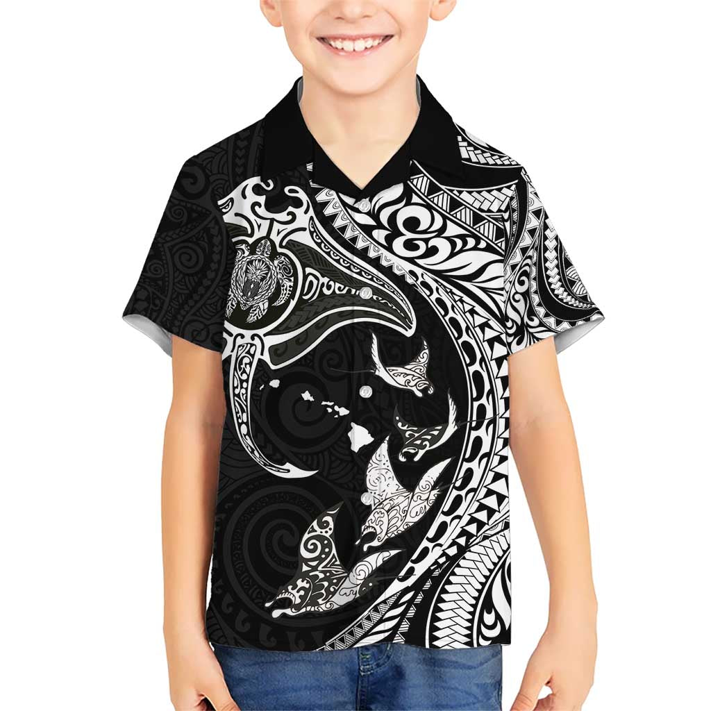 Hawaiian Manta Ray and Polynesian Tribal Tattoo Kid Hawaiian Shirt Black Color LT03