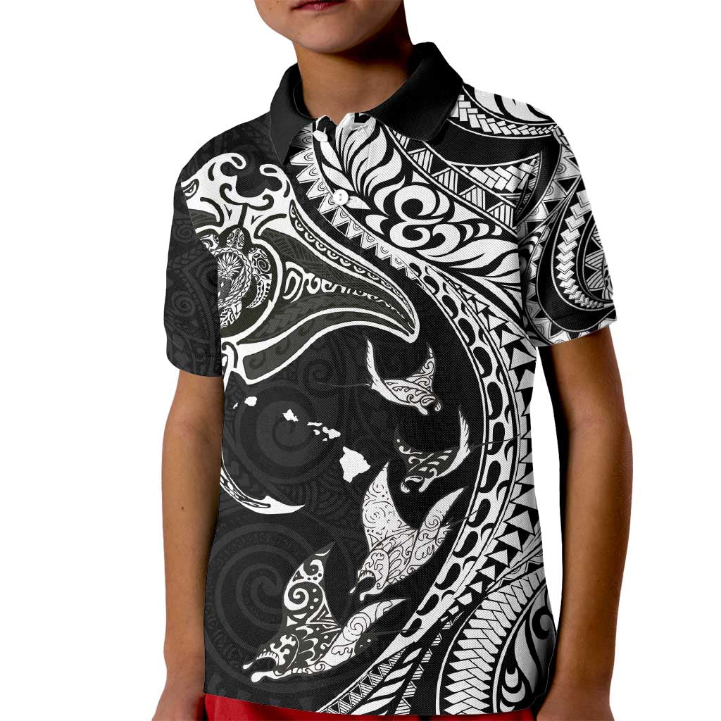 Hawaiian Manta Ray and Polynesian Tribal Tattoo Kid Polo Shirt Black Color LT03