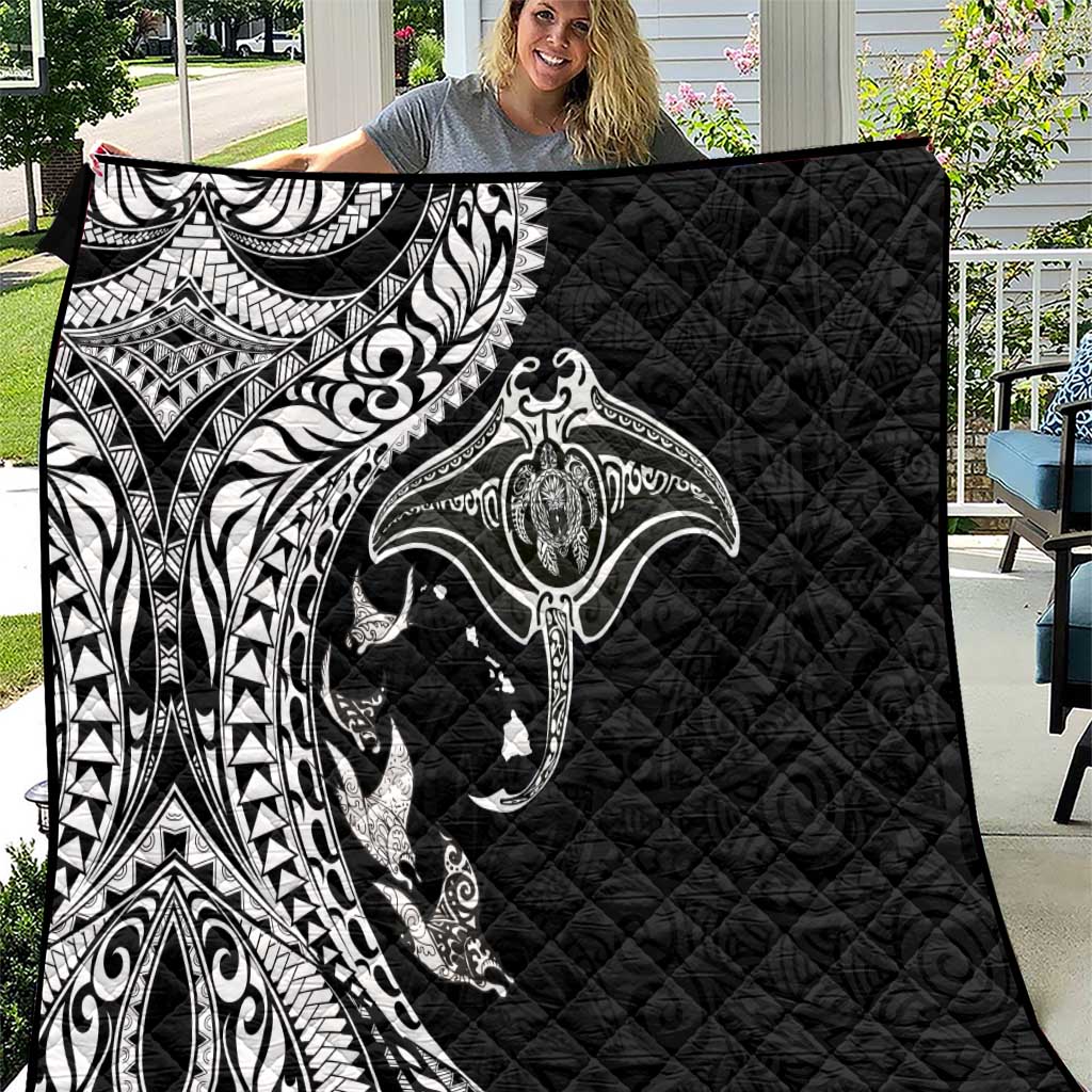 Hawaiian Manta Ray and Polynesian Tribal Tattoo Quilt Black Color LT03