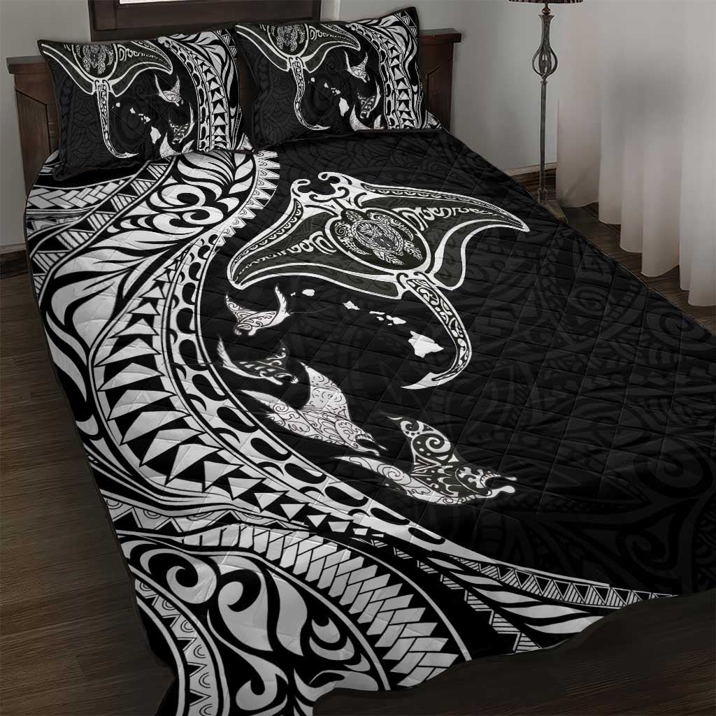 Hawaiian Manta Ray and Polynesian Tribal Tattoo Quilt Bed Set Black Color LT03