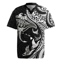 Hawaiian Manta Ray and Polynesian Tribal Tattoo Rugby Jersey Black Color LT03