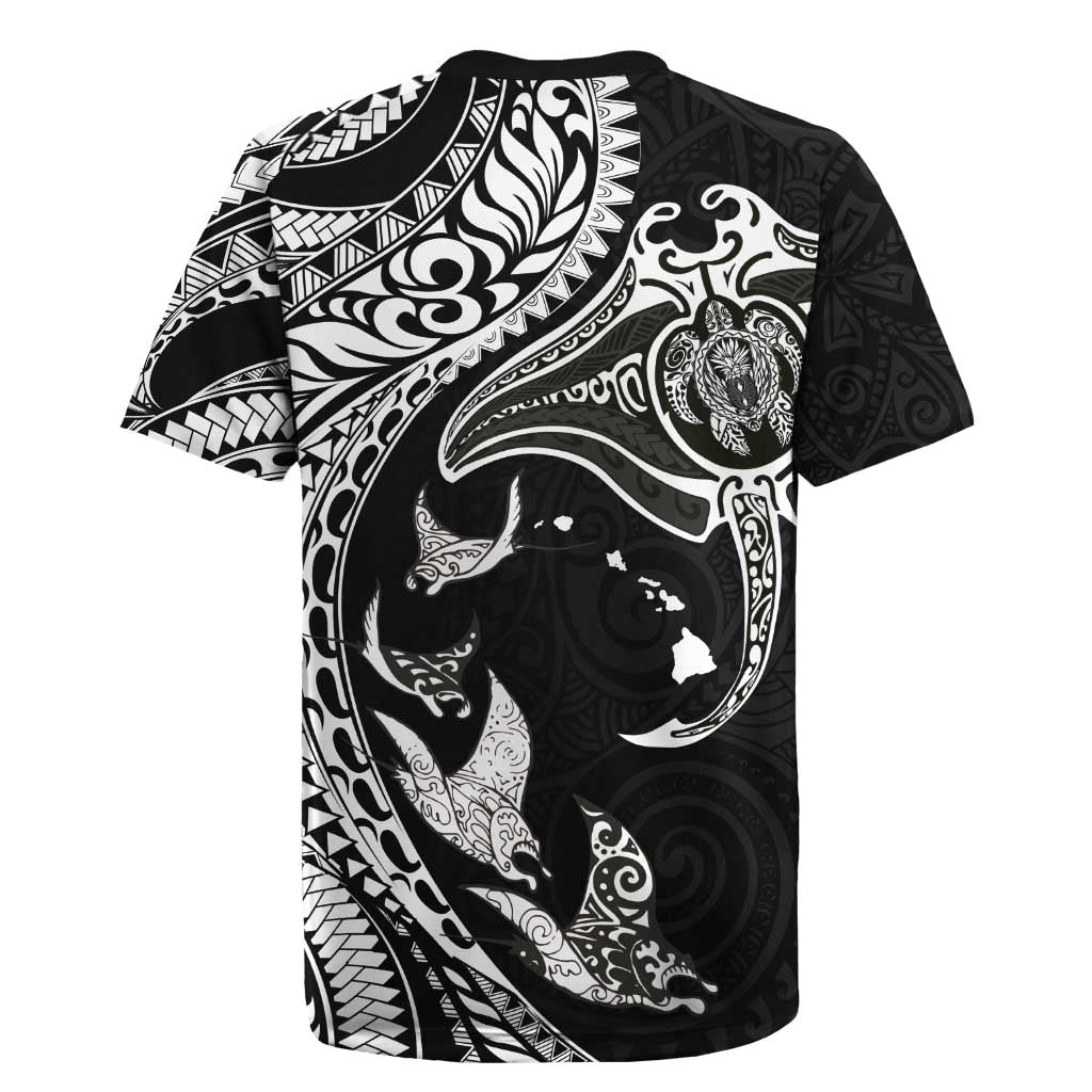 Hawaiian Manta Ray and Polynesian Tribal Tattoo Rugby Jersey Black Color LT03