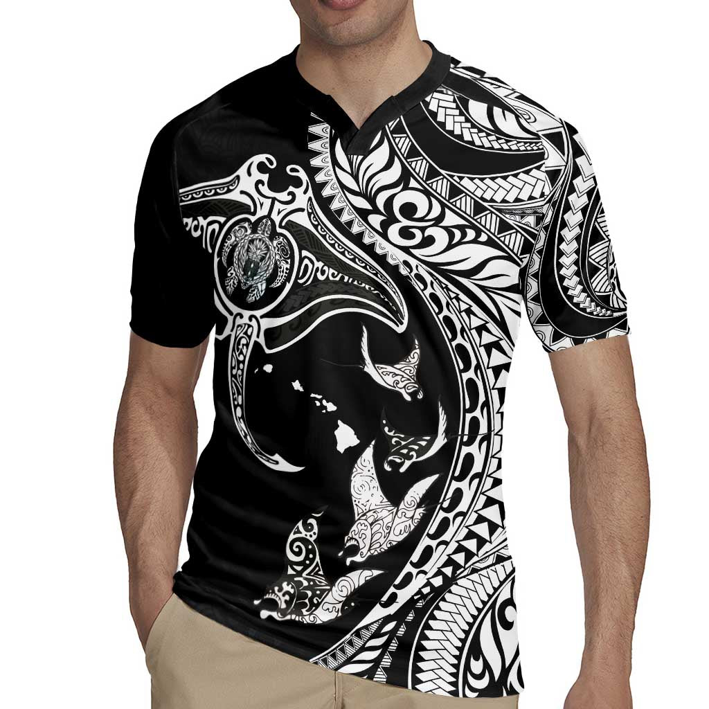 Hawaiian Manta Ray and Polynesian Tribal Tattoo Rugby Jersey Black Color LT03