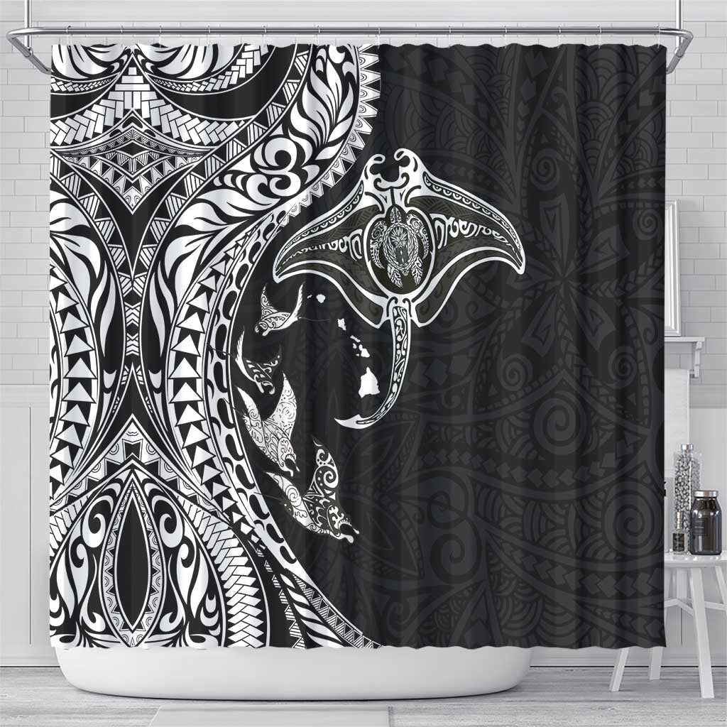 Hawaiian Manta Ray and Polynesian Tribal Tattoo Shower Curtain Black Color LT03