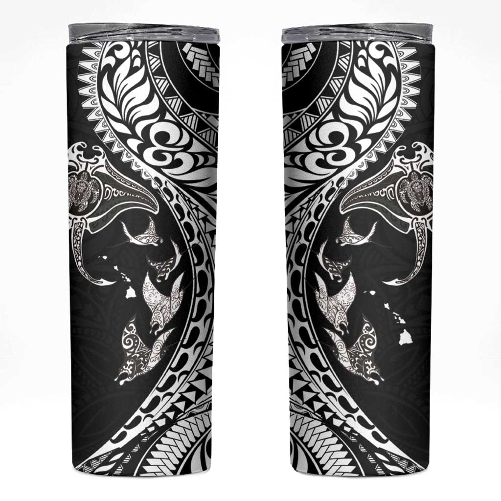 Hawaiian Manta Ray and Polynesian Tribal Tattoo Skinny Tumbler Black Color