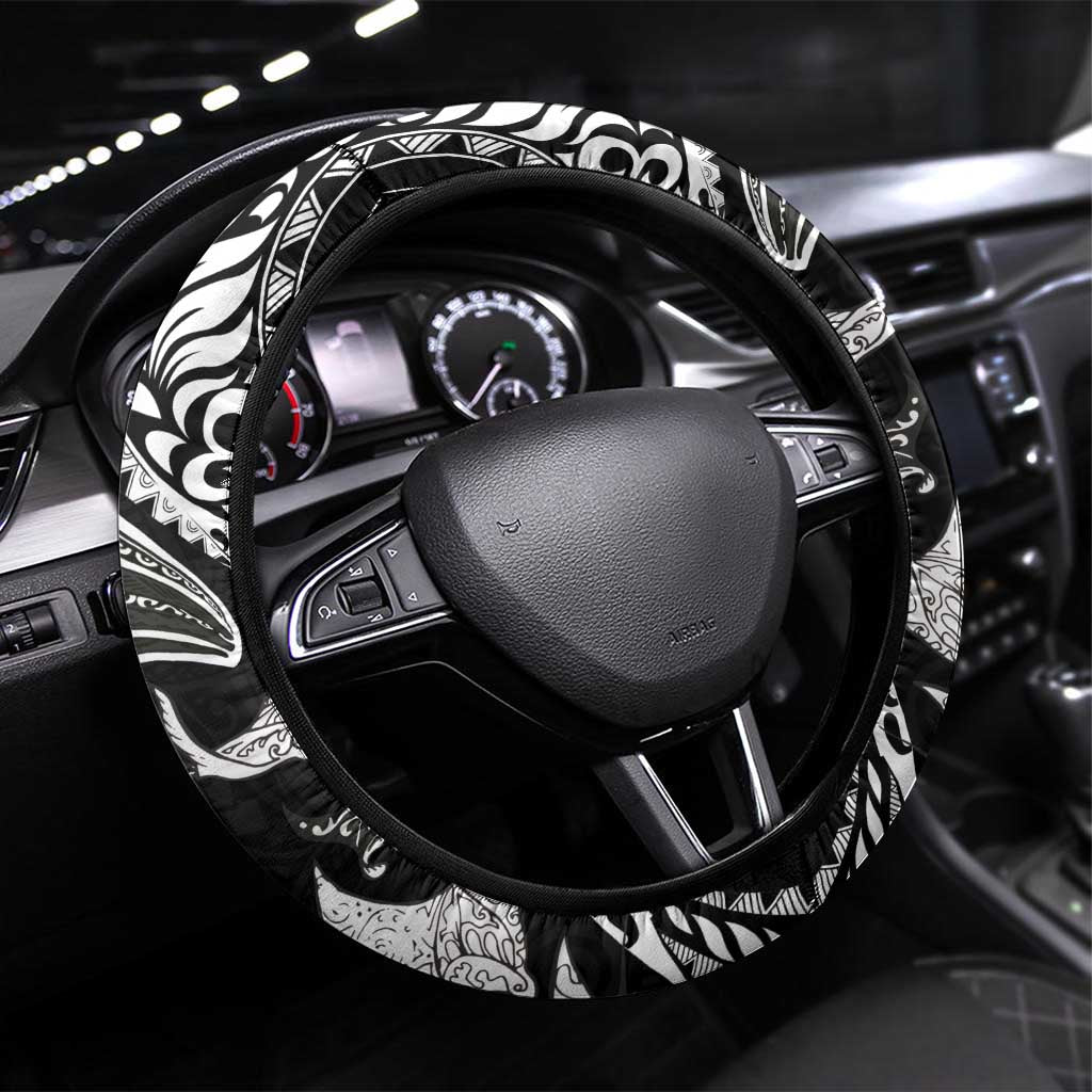 Hawaiian Manta Ray and Polynesian Tribal Tattoo Steering Wheel Cover Black Color LT03