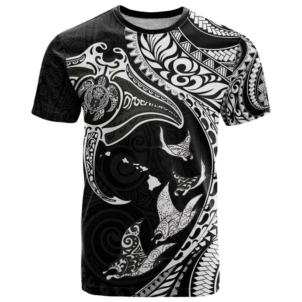 Hawaiian Manta Ray and Polynesian Tribal Tattoo T Shirt Black Color LT03