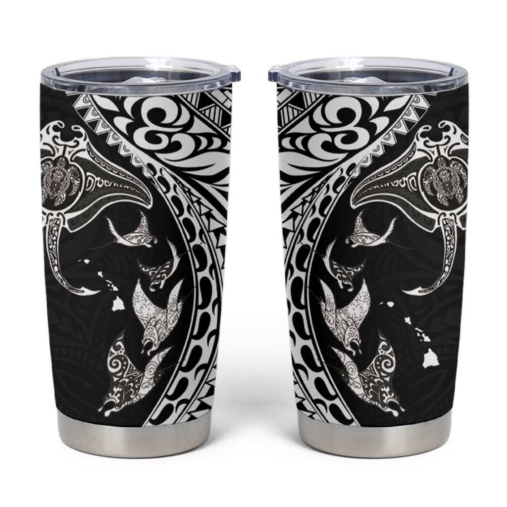 Hawaiian Manta Ray and Polynesian Tribal Tattoo Tumbler Cup Black Color