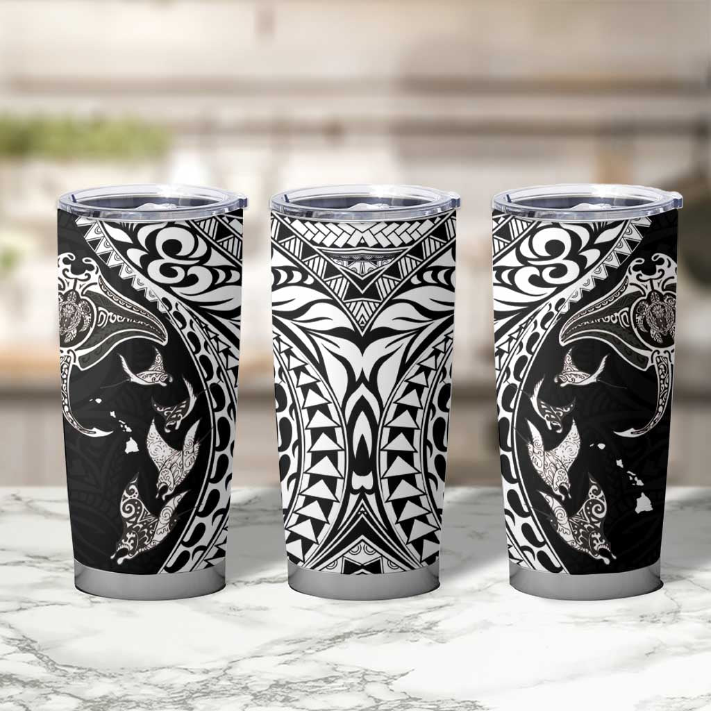 Hawaiian Manta Ray and Polynesian Tribal Tattoo Tumbler Cup Black Color