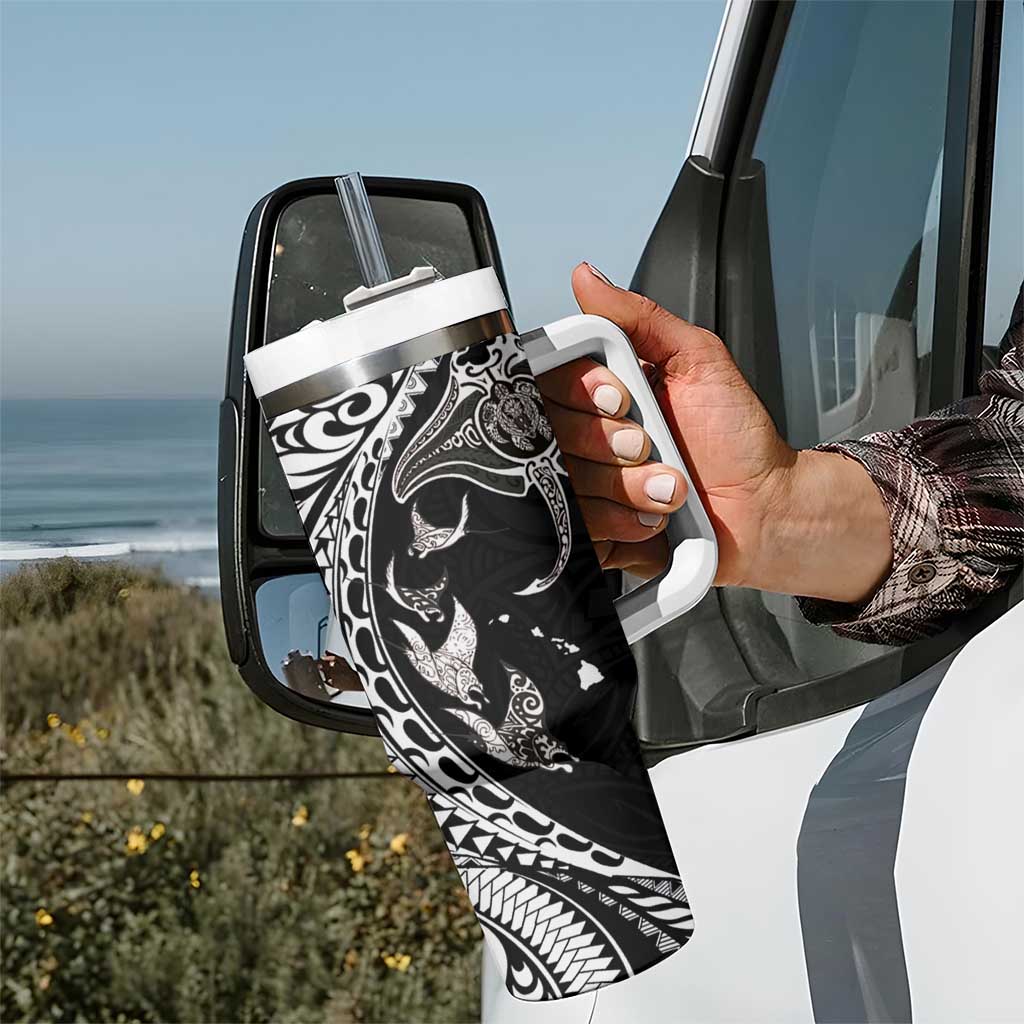Hawaiian Manta Ray and Polynesian Tribal Tattoo Tumbler With Handle Black Color