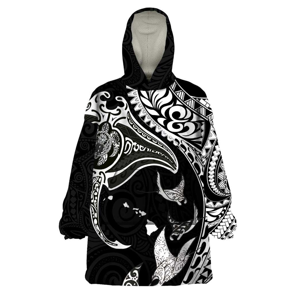 Hawaiian Manta Ray and Polynesian Tribal Tattoo Wearable Blanket Hoodie Black Color LT03