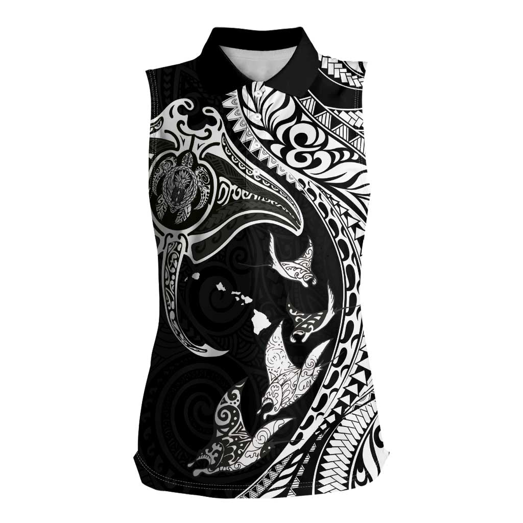 Hawaiian Manta Ray and Polynesian Tribal Tattoo Women Sleeveless Polo Shirt Black Color LT03 Female Black - Polynesian Pride