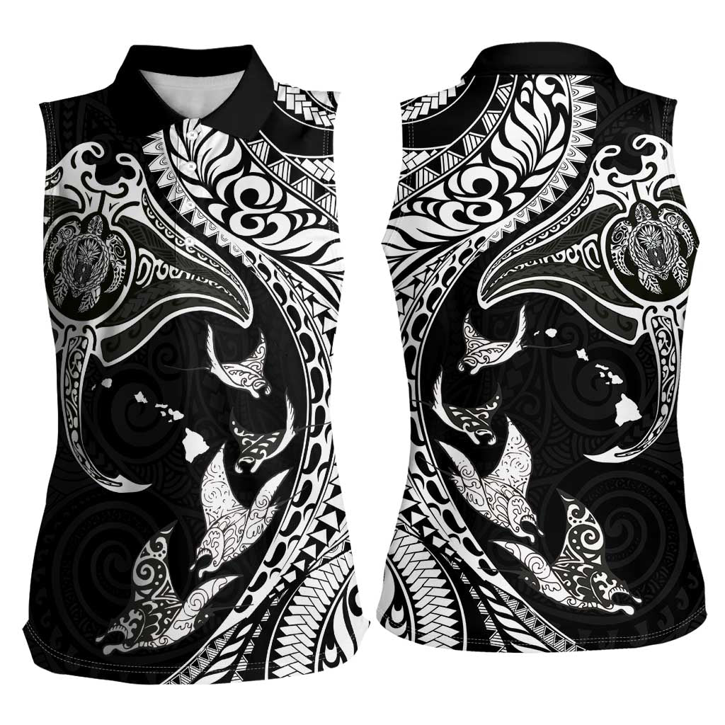 Hawaiian Manta Ray and Polynesian Tribal Tattoo Women Sleeveless Polo Shirt Black Color LT03 - Polynesian Pride