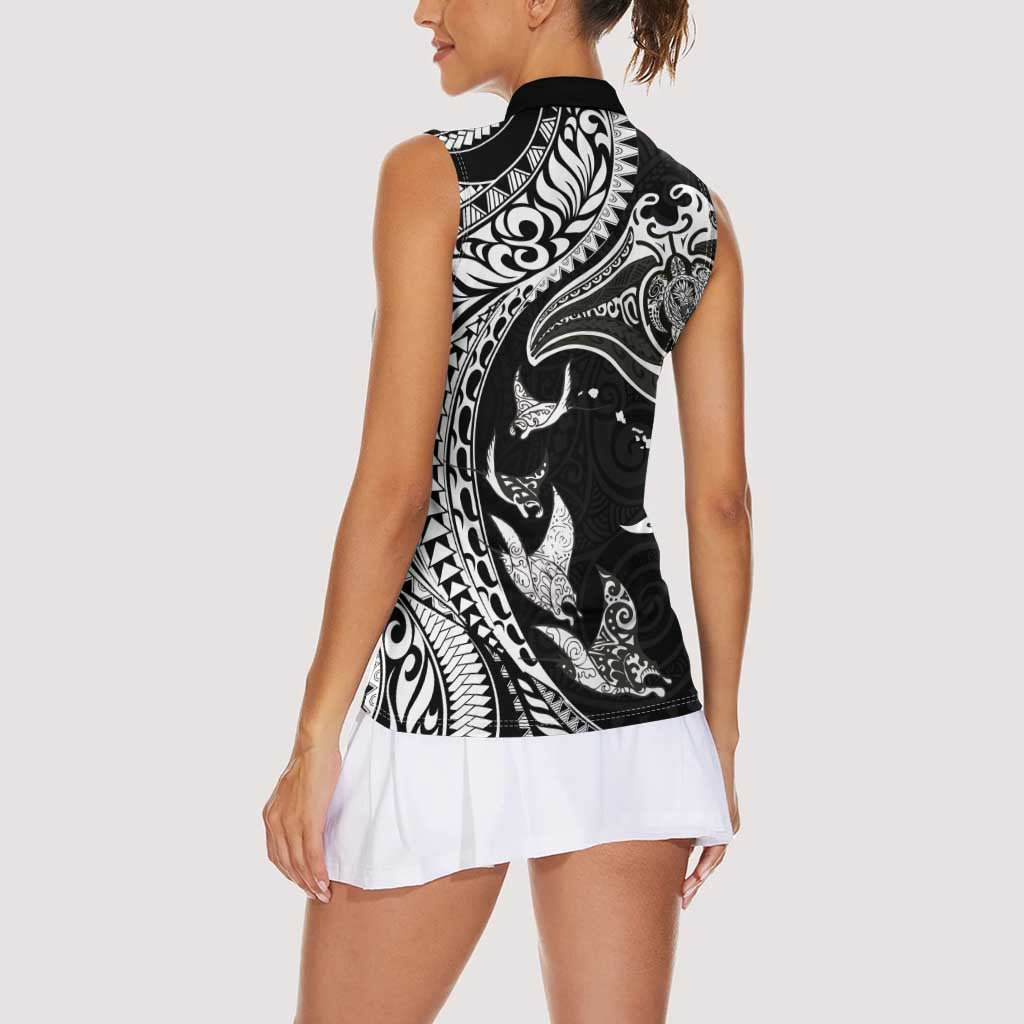 Hawaiian Manta Ray and Polynesian Tribal Tattoo Women Sleeveless Polo Shirt Black Color LT03 - Polynesian Pride