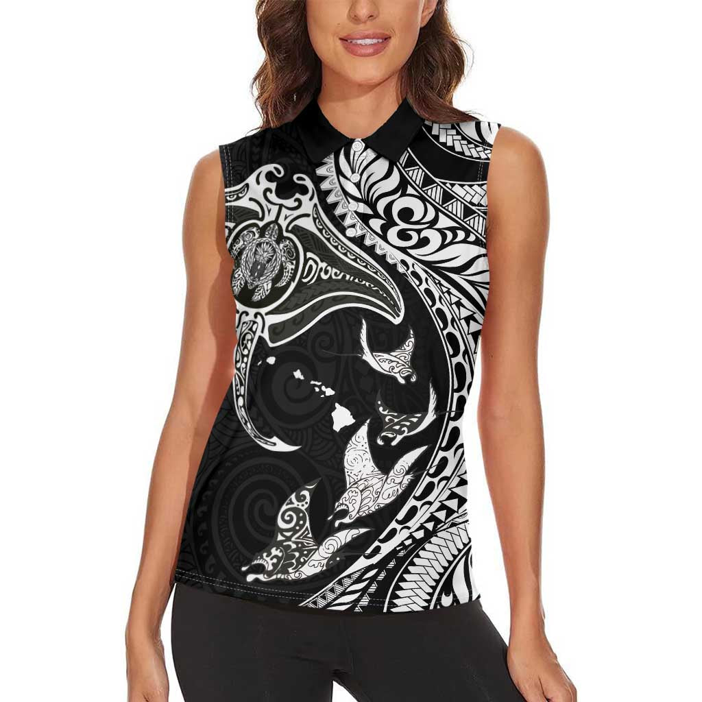 Hawaiian Manta Ray and Polynesian Tribal Tattoo Women Sleeveless Polo Shirt Black Color LT03 - Polynesian Pride