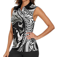 Hawaiian Manta Ray and Polynesian Tribal Tattoo Women Sleeveless Polo Shirt Black Color LT03 - Polynesian Pride