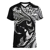 Hawaiian Manta Ray and Polynesian Tribal Tattoo Women V-Neck T-Shirt Black Color LT03 Female Black - Polynesian Pride