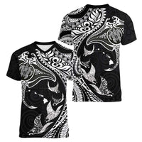 Hawaiian Manta Ray and Polynesian Tribal Tattoo Women V-Neck T-Shirt Black Color LT03 - Polynesian Pride