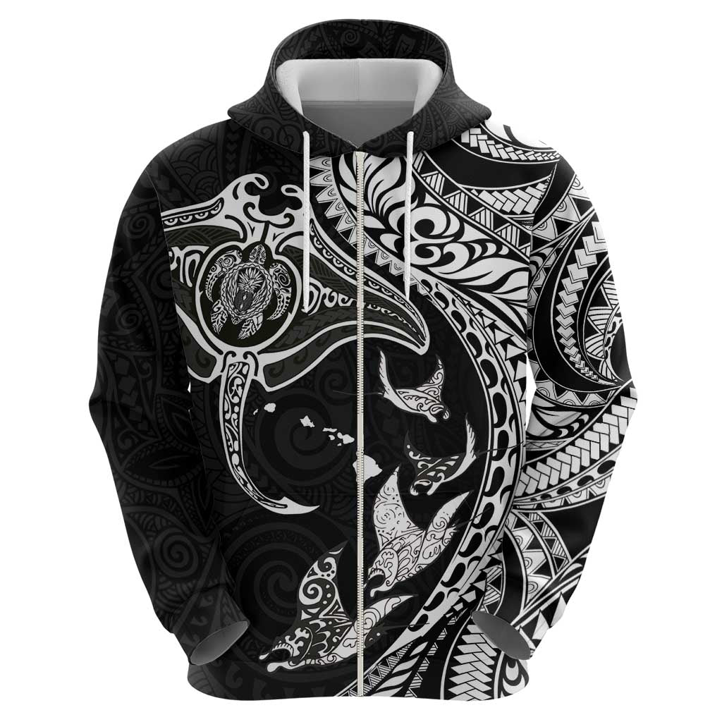 Hawaiian Manta Ray and Polynesian Tribal Tattoo Zip Hoodie Black Color LT03