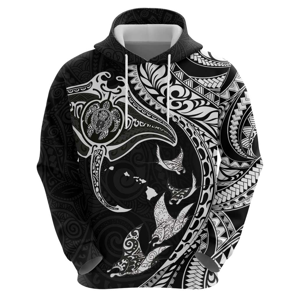 Hawaiian Manta Ray and Polynesian Tribal Tattoo Zip Hoodie Black Color LT03