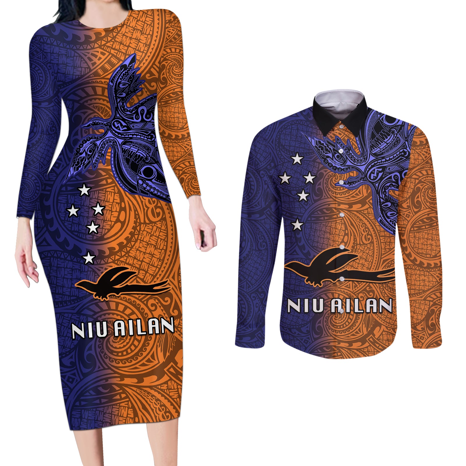 Papua New Guinea New Ireland Province Couples Matching Long Sleeve Bodycon Dress and Long Sleeve Button Shirts PNG Birds Of Paradise Polynesian Arty Style LT03 Orange - Polynesian Pride