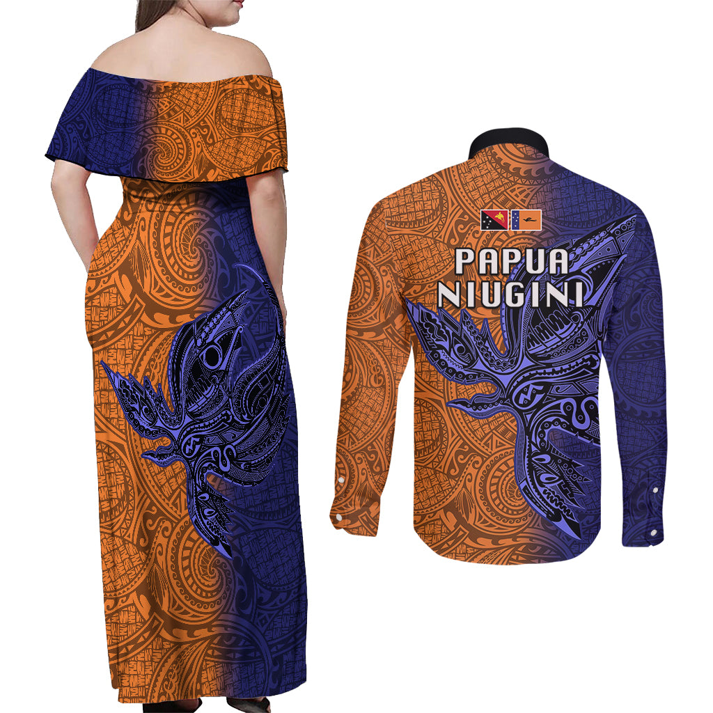 Papua New Guinea New Ireland Province Couples Matching Off Shoulder Maxi Dress and Long Sleeve Button Shirts PNG Birds Of Paradise Polynesian Arty Style LT03 - Polynesian Pride