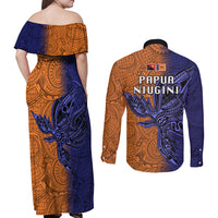 Papua New Guinea New Ireland Province Couples Matching Off Shoulder Maxi Dress and Long Sleeve Button Shirts PNG Birds Of Paradise Polynesian Arty Style LT03 - Polynesian Pride
