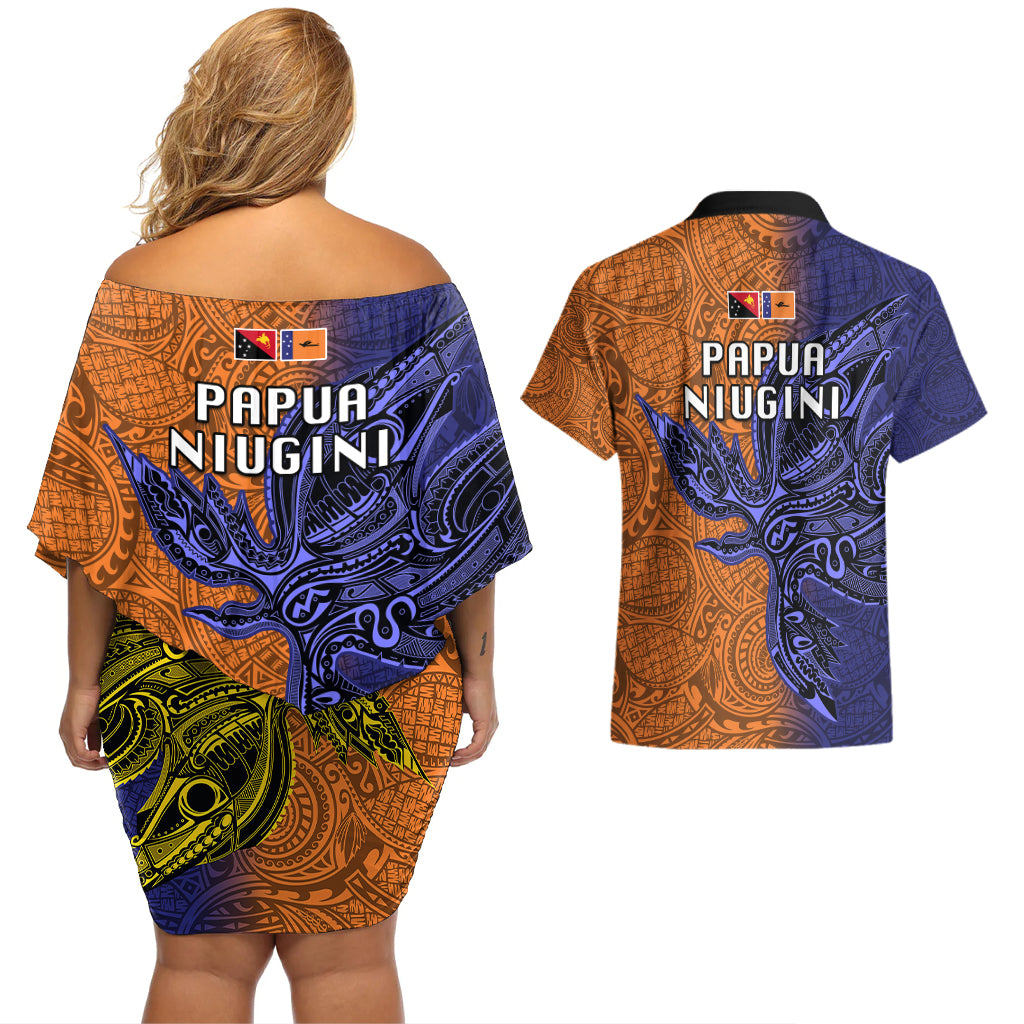 Papua New Guinea New Ireland Province Couples Matching Off Shoulder Short Dress and Hawaiian Shirt PNG Birds Of Paradise Polynesian Arty Style LT03 - Polynesian Pride